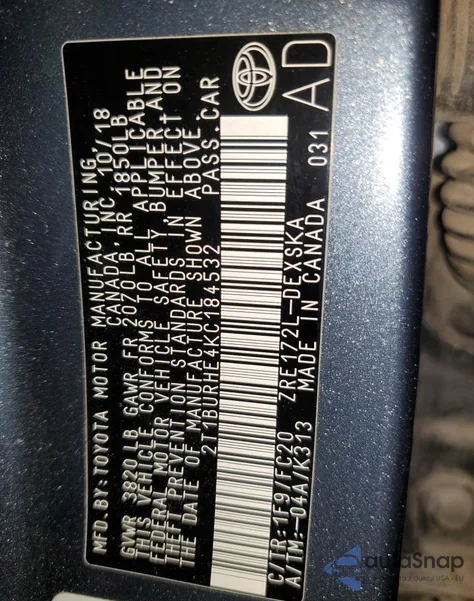 2019 Toyota Corolla L from USA, damaged, VIN 2T1BURHE4KC184532